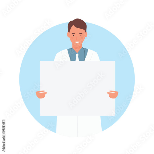 Smiling doctor holding board. Young medical worker holds black cartoon vector illustration