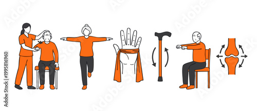 Physical Therapy Exercises for Seniors Rehabilitation Vector Illustration Set Featuring Elderly Patients, Medical Caregiver, Mobility Aid Cane and Joint Movement Concept for Clinical Healthcare Infogr