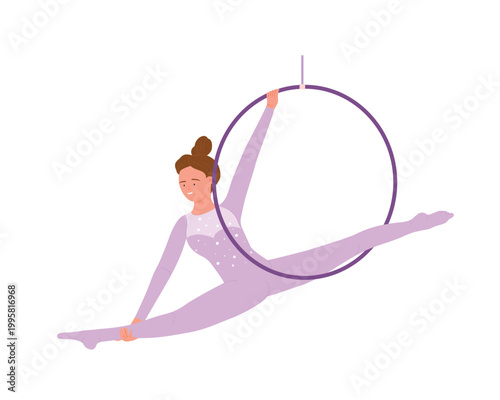 Female circus performance with ring. Circus acrobat artist, amusement park show cartoon vector illustration