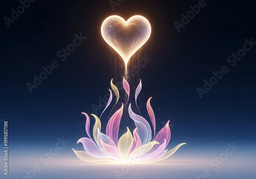 Glowing Heart Rising from Abstract Luminous Flower Concept