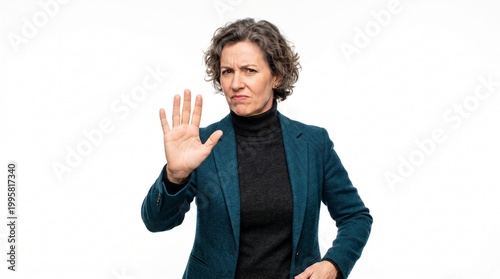 Mature Businesswoman Showing Stop Hand Gesture – Authority, Boundaries, Workplace Respect, Leadership Concept