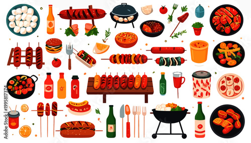 Colorful variety of grilled foods.