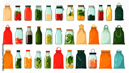 Reusable bags and glass bottles collection.