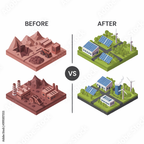 Before and After Comparison of Industrial Pollution and Green Energy Solutions.