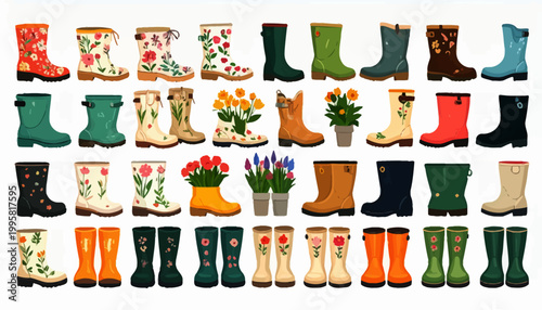 Collection of colorful rubber boots.