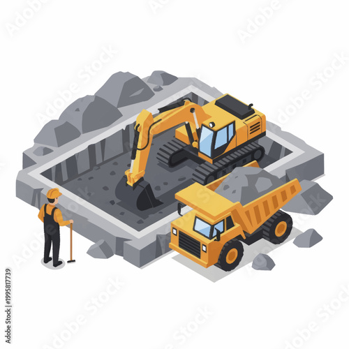 Construction site with excavator and dump truck working.