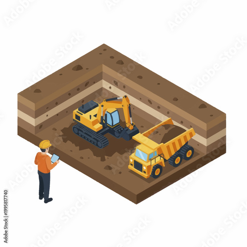 Construction site with excavator and dump truck working.