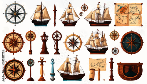 Vintage nautical ships and steering wheels.