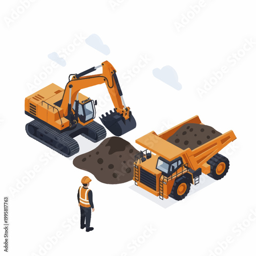 Construction worker overseeing excavator and dump truck at work site.