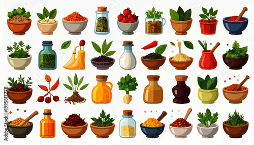 Herbs and spices in containers.