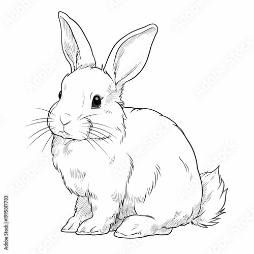 Rabbit sits quietly on a plain background in this clean and simple pencil style line drawing.