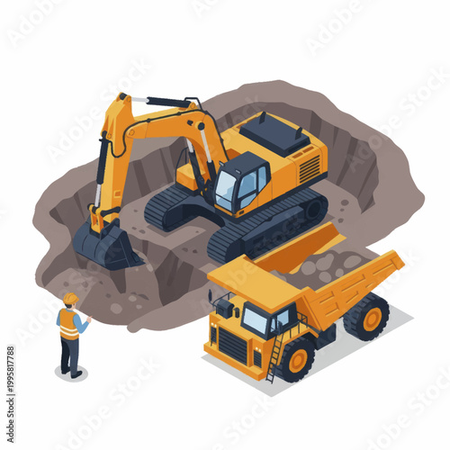 Construction site with excavator and dump truck illustration.