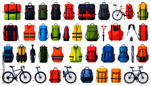 Colorful backpacks and bicycles on display.