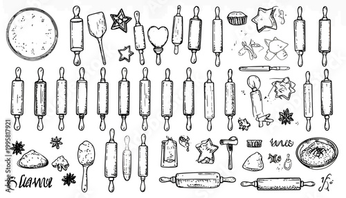 Collection of baking utensils and tools.