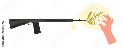 Hand putting flowers in rifle weapon. Gun shooting flower, spreading love and peace cartoon vector illustration