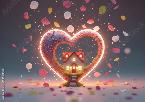Whimsical glowing heart frame around a cozy miniature house