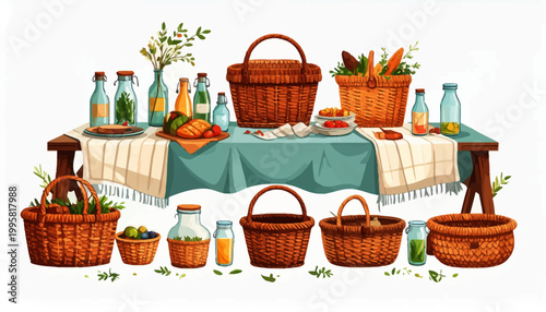 Brown wicker picnic baskets on table.