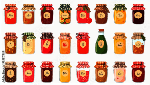 Variety of colorful jam jars.