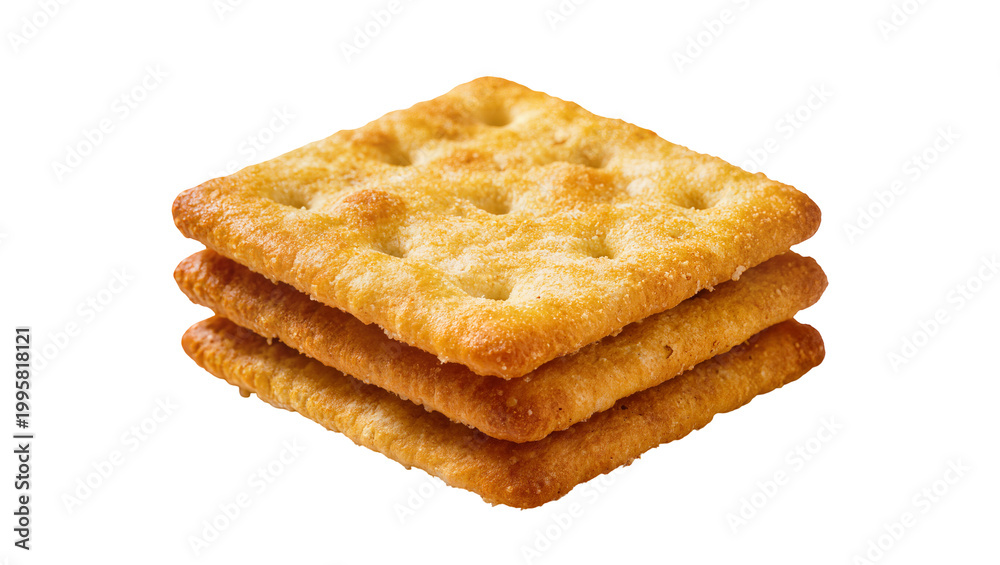 Fototapeta premium Stacked square wheat crackers with visible holes and golden crust