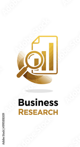 Golden Business Research Icon with Magnifying Glass and Chart.