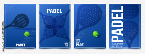 Set of padel posters. Modern banners with racket and tennis balls. Design template for sports competitions event, paddel tennis tournament, Championship. Vector illustration collection
