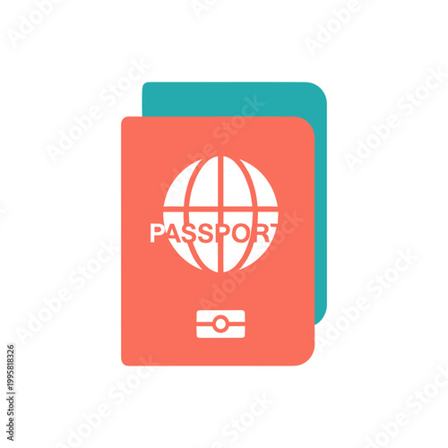 Flat design illustration of two vibrant passports stacked together featuring a globe and chip icon for travel and immigration concepts