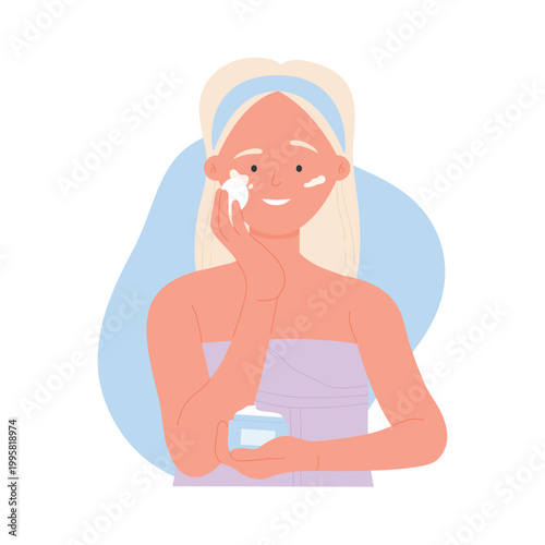 Smiling girl applying face moisturizing cream. After mask facial cream, beauty care routine cartoon vector illustration