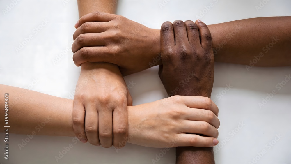 Fototapeta premium Diverse hands of various skin tones interlocking to form a symbol of unity and cooperation on a white background.