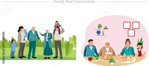 Family Real Conversation Flat Vector Multi Generational Outdoor Dinner Gathering Illustration
