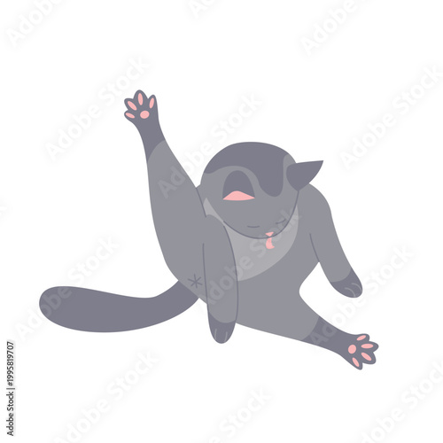 Grey cat cleaning its fur. Kitten preparing for sleep, self hygiene pet cartoon vector illustration
