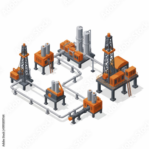 Industrial oil and gas extraction facility with multiple derricks and processing units.