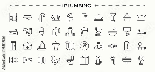 Plumbing modern icon set. Includes symbols for repair, plumb, bathroom, equipment, tool, construction, plunger and more. Repair icon set. Vector icons collection. Vector artwork and illustration.