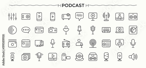 Podcast icon collection. Minimal thin line web icons set. It contains symbols to speak, voice, microphone, radio. Editable vector art. Record related icon set.