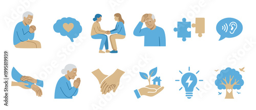 Elderly mental health support icons, senior care and dementia awareness set, emotional support and compassion vector illustrations for social services, healthcare, and community wellness programs desi
