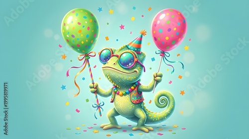 Festive chameleon wearing glasses holding colorful balloons at a party
