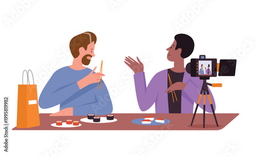 Bloggers eating sushi on live streaming. Social media influencer, food rating and review vector cartoon illustration