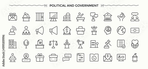 Political icon set. Featuring diplomacy, democracy, campaign, governance, activism, government. Editable stroke. Vector collection. Governance icon set.