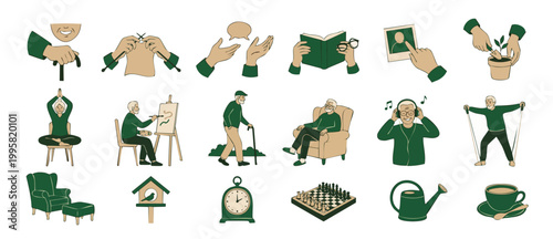 Elderly People Lifestyle Icons Set, Senior Activities and Hobbies Collection, Retirement Concepts with Active Aged Men and Women, Flat Vector Illustration Isolated on White Background for Aging Care D