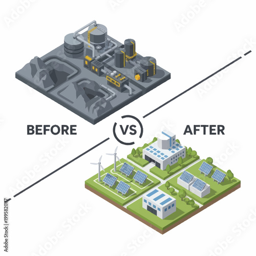 Industrial pollution versus clean energy transformation isometric illustration.
