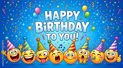 Colorful emoji characters celebrating birthday with balloons and confetti