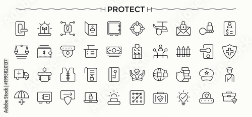 Protection icon set. Thin linear style icons. Firewall icon set. Pictograms of safe, privacy, defense, software, threat, antivirus and more.