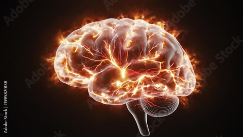 Animated Brain Model Showing Neural Pathways in Black Background with Dynamic Lighting