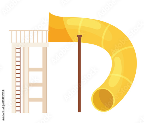 Aquapark yellow spiral pipe. Water amusement park tunnel and summer pool cartoon vector illustration
