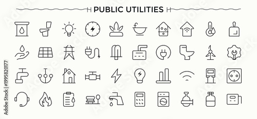 Public utilities linear signed icon set. Signed thin line icons collection. Set of public simple outline icons.