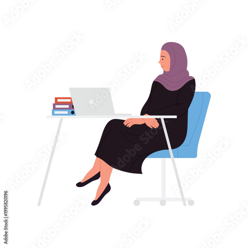 Muslim businesswoman working at laptop. Arabic female manager at office desk cartoon vector illustration