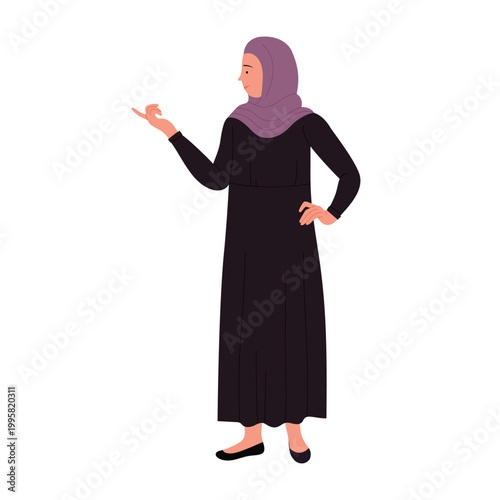 Muslim businesswoman showing at something. Arabic female manager wears black robe cartoon vector illustration