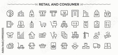 Retail icon set. Modern linear icons. Included shop, shopping, purchase, store, business, product. Editable vector. Pixel perfect. Buy icon set.