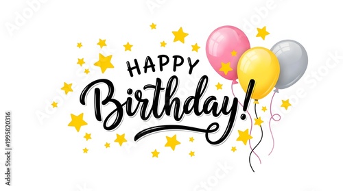 Colorful Birthday Balloons with Stars and Happy Birthday Text