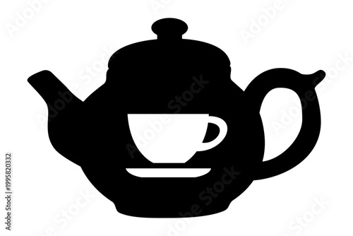 Teapot silhouette with a cup icon inside. Black graphic symbol of tea service. Kitchenware and beverage concept for restaurant menu, cafe logo, or design element for cooking website