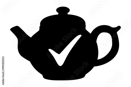 Black teapot silhouette with white check mark. Kitchenware icon for tea time and beverage preparation. Vector graphic symbol showing approval, quality assurance or ready drink concept